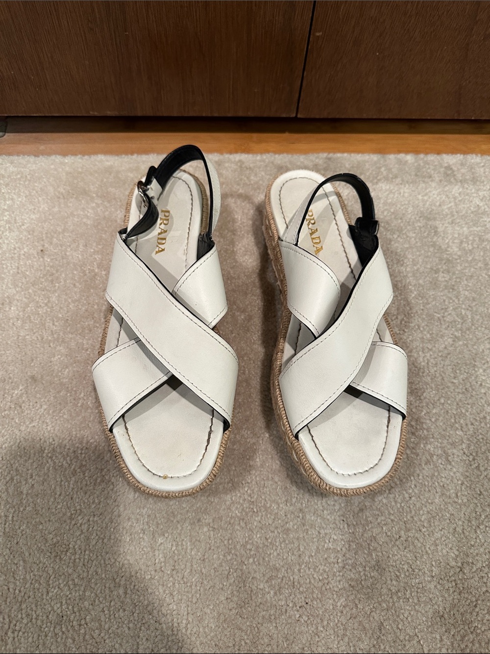 Prada White Leather Cross-Strap Espadrille Slingback Flatform Sandals